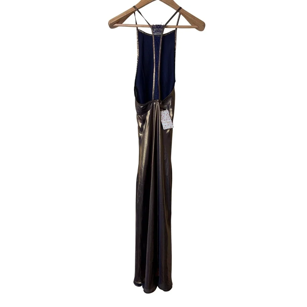 Free‎ People Gold Dust Midi Slip Dress Metallic Bronze Lace Back Halter XS NWT